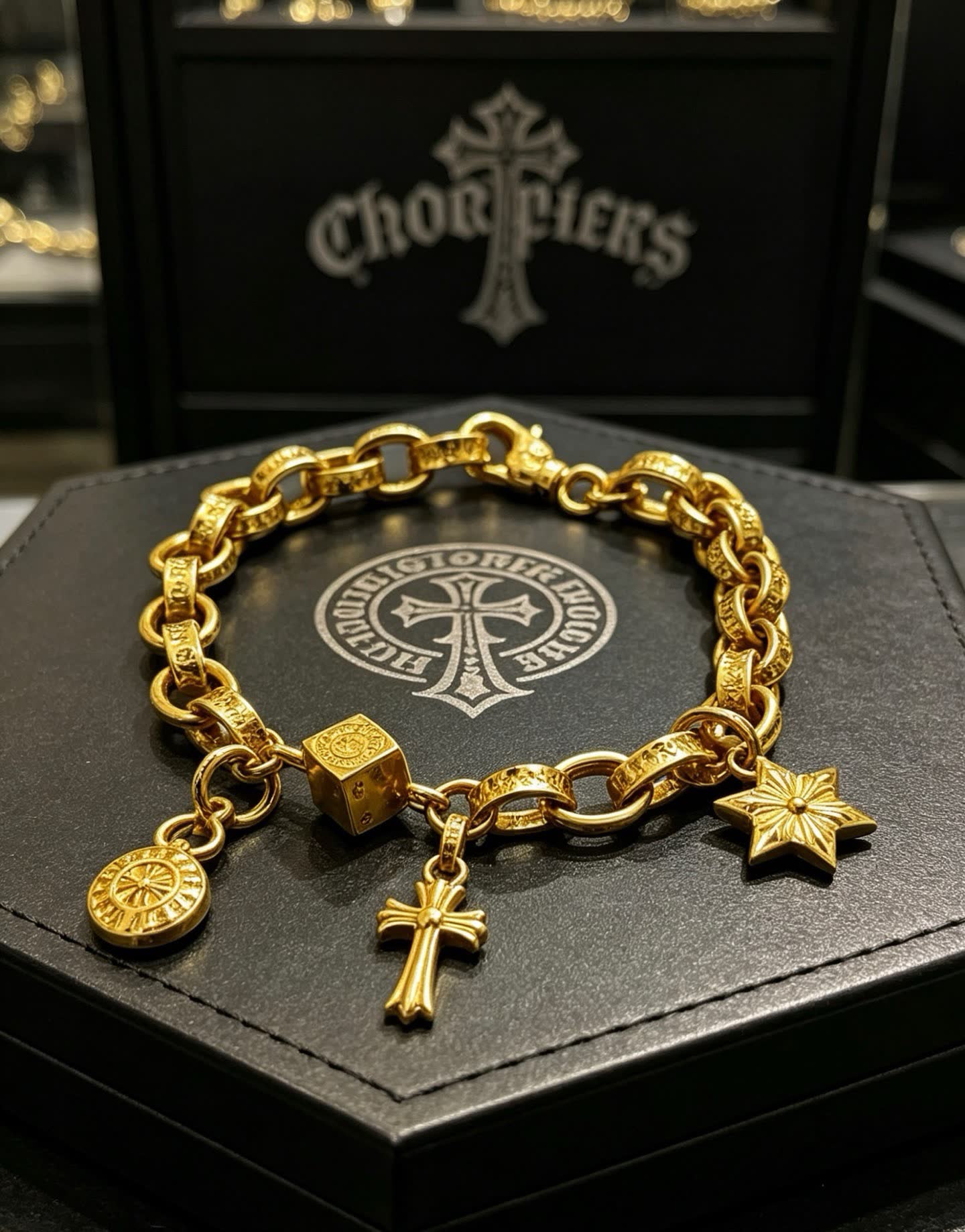 Chrome Hearts Gold Tone Charm Bracelet with Cross, Star, and Coin Charms